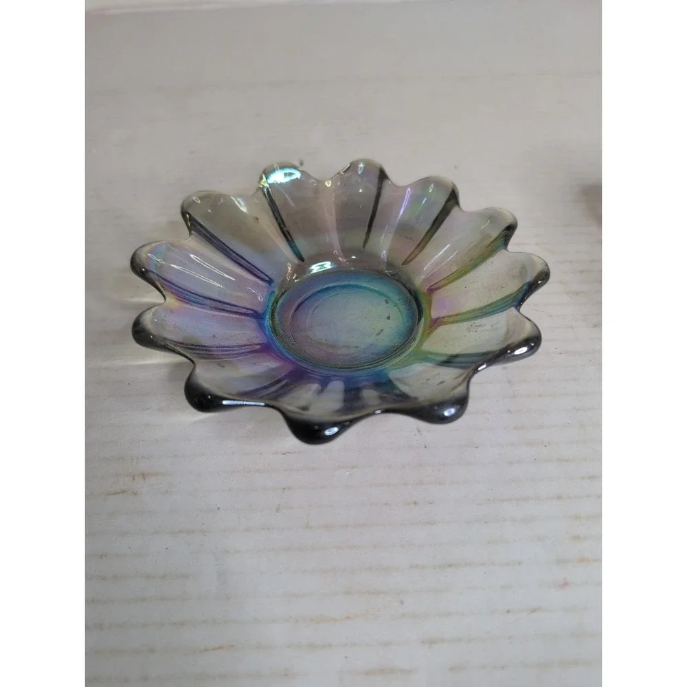 Lot Of 3 Vintage Ashtrays Candy Dishes Square Cabbage Circular Green Iridescent